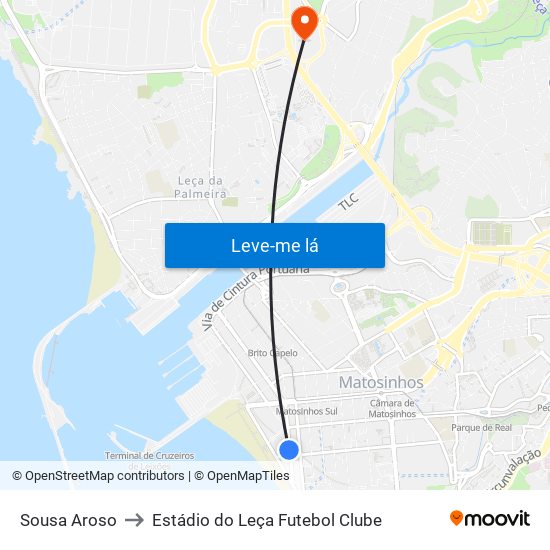 Sousa Aroso to Estádio do Leça Futebol Clube map