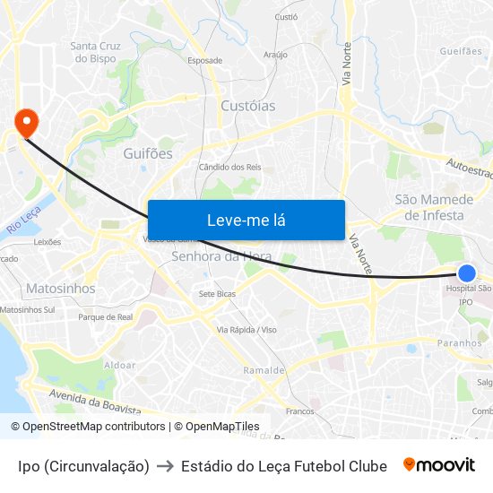 Ipo (Circunvalação) to Estádio do Leça Futebol Clube map