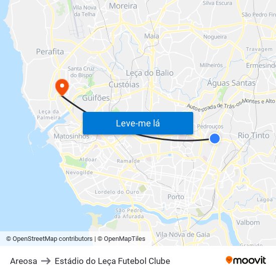 Areosa to Estádio do Leça Futebol Clube map