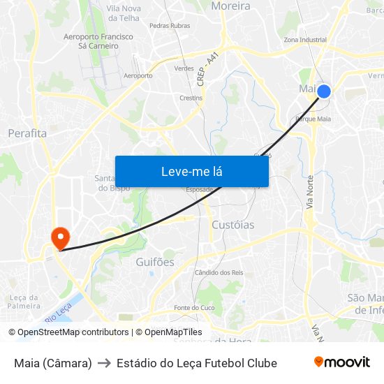 Maia (Câmara) to Estádio do Leça Futebol Clube map