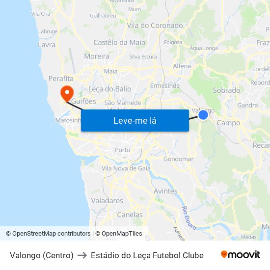 Valongo (Centro) to Estádio do Leça Futebol Clube map