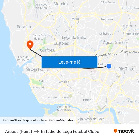 Areosa (Feira) to Estádio do Leça Futebol Clube map