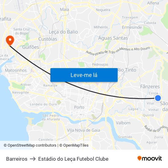 Barreiros to Estádio do Leça Futebol Clube map