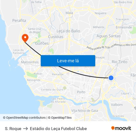 S. Roque to Estádio do Leça Futebol Clube map