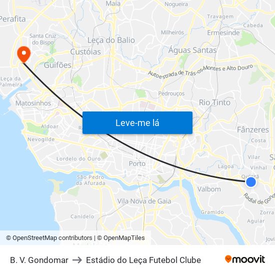 B. V. Gondomar to Estádio do Leça Futebol Clube map