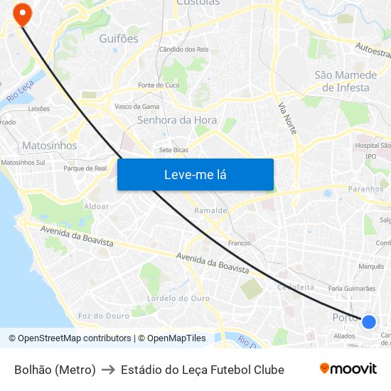 Bolhão (Metro) to Estádio do Leça Futebol Clube map