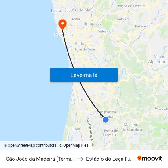 São João da Madeira (Terminal Rodoviário) to Estádio do Leça Futebol Clube map