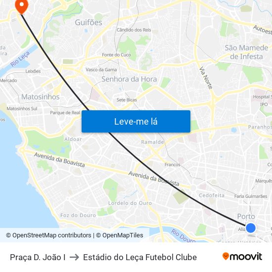 Praça D. João I to Estádio do Leça Futebol Clube map