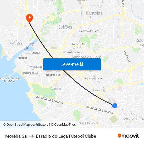 Moreira Sá to Estádio do Leça Futebol Clube map