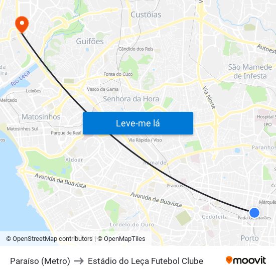 Paraíso (Metro) to Estádio do Leça Futebol Clube map