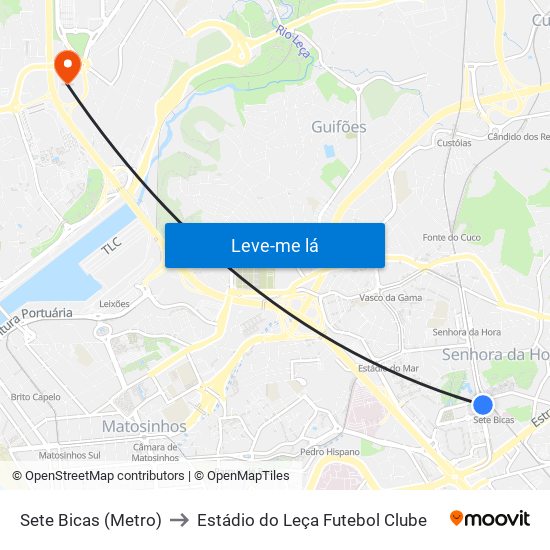 Sete Bicas (Metro) to Estádio do Leça Futebol Clube map