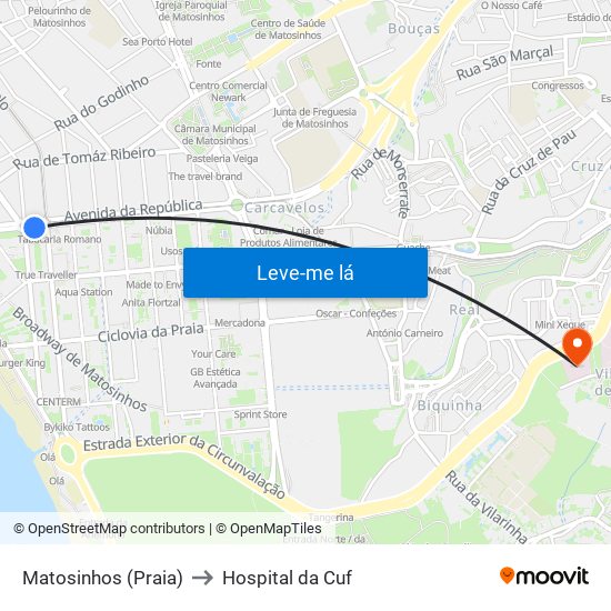 Matosinhos (Praia) to Hospital da Cuf map