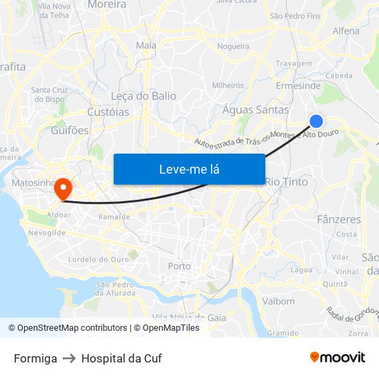 Formiga to Hospital da Cuf map