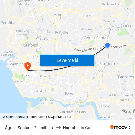 Águas Santas - Palmilheira to Hospital da Cuf map