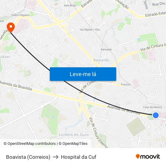 Boavista (Correios) to Hospital da Cuf map