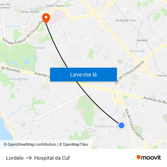 Lordelo to Hospital da Cuf map