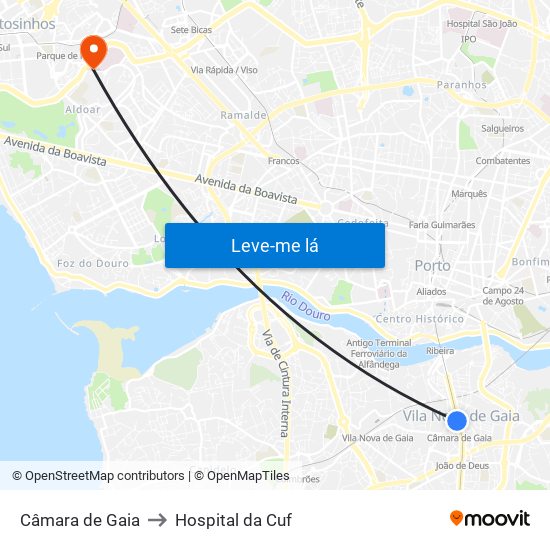 Câmara de Gaia to Hospital da Cuf map