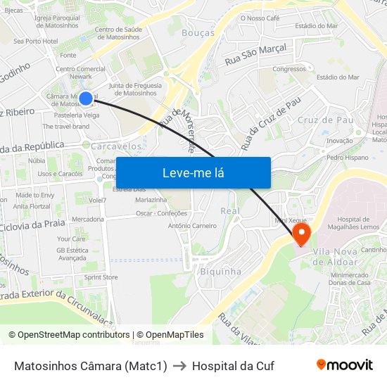 Matosinhos Câmara (Matc1) to Hospital da Cuf map