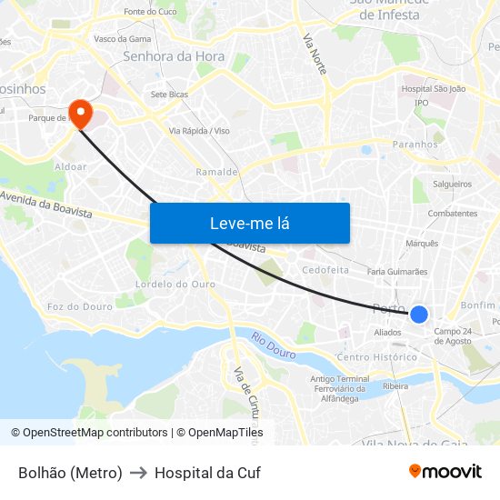 Bolhão (Metro) to Hospital da Cuf map