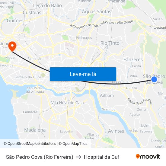 São Pedro Cova (Rio Ferreira) to Hospital da Cuf map
