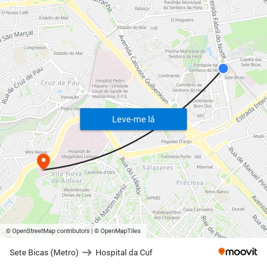 Sete Bicas (Metro) to Hospital da Cuf map