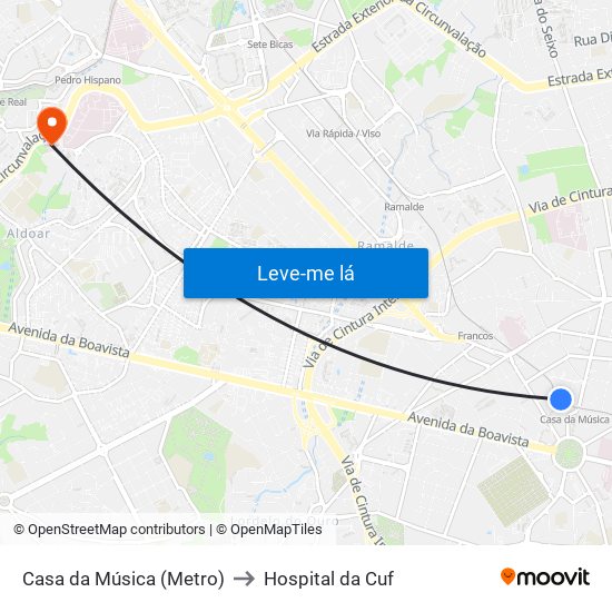 Casa da Música (Metro) to Hospital da Cuf map