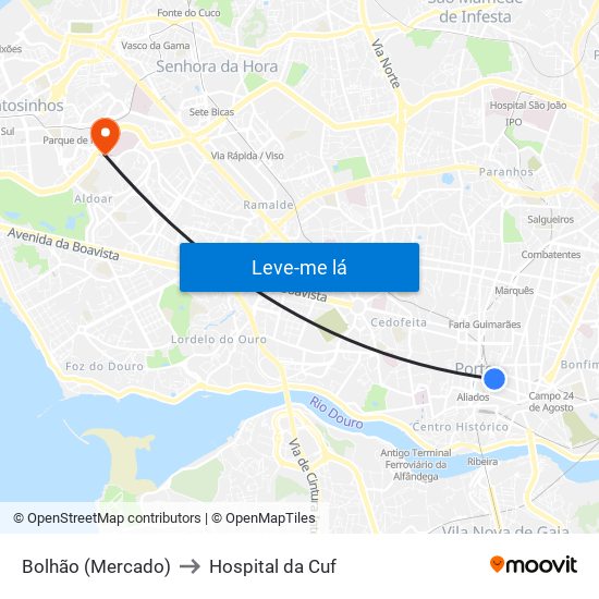 Bolhão (Mercado) to Hospital da Cuf map