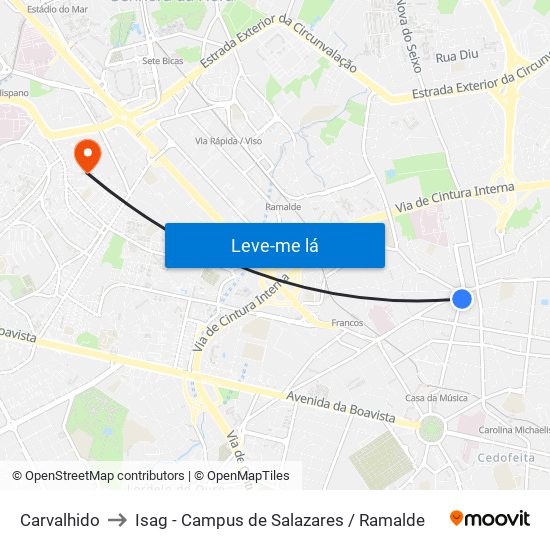 Carvalhido to Isag - Campus de Salazares / Ramalde map