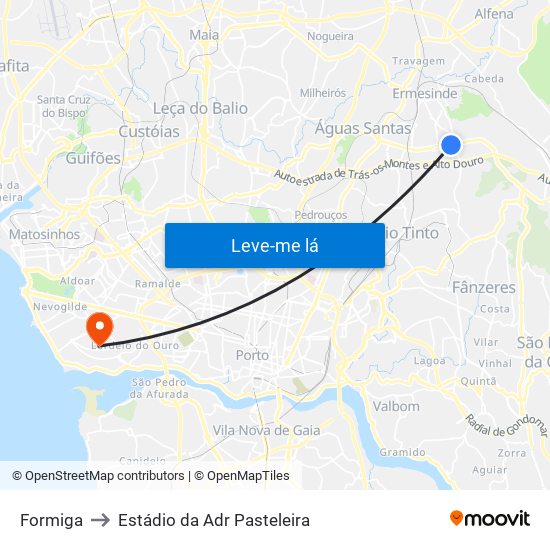 Formiga to Estádio da Adr Pasteleira map