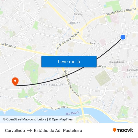 Carvalhido to Estádio da Adr Pasteleira map