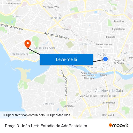 Praça D. João I to Estádio da Adr Pasteleira map