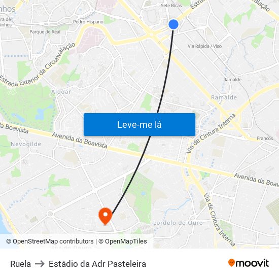 Ruela to Estádio da Adr Pasteleira map