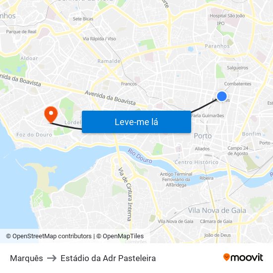 Marquês to Estádio da Adr Pasteleira map