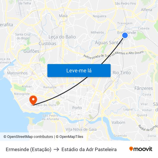 Ermesinde (Estação) to Estádio da Adr Pasteleira map