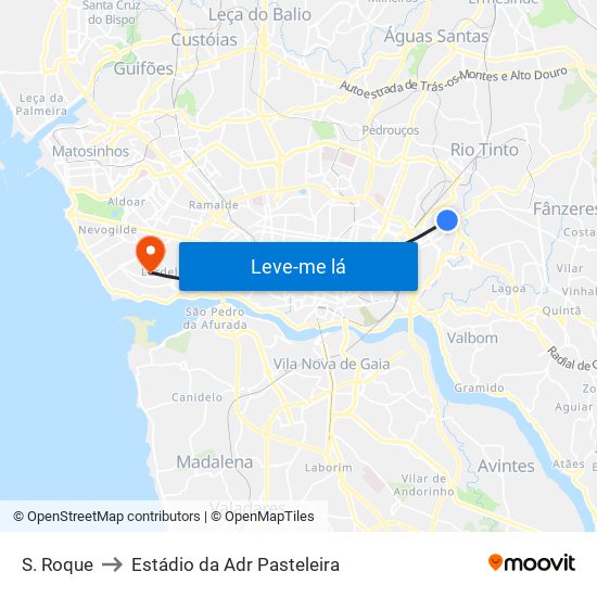 S. Roque to Estádio da Adr Pasteleira map