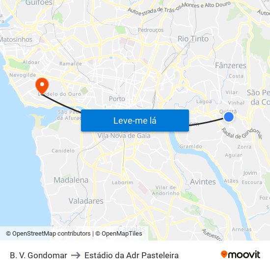 B. V. Gondomar to Estádio da Adr Pasteleira map