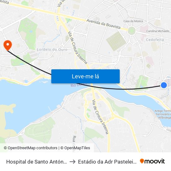 Hospital de Santo António to Estádio da Adr Pasteleira map