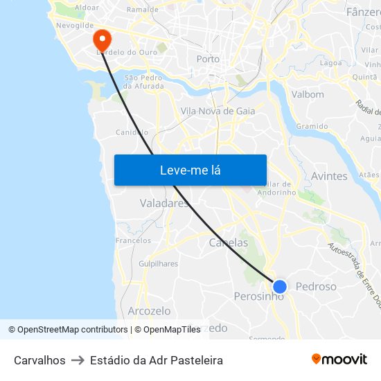 Carvalhos to Estádio da Adr Pasteleira map