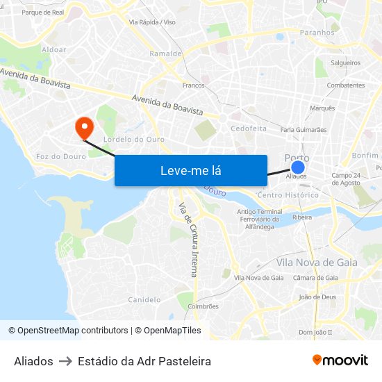 Aliados to Estádio da Adr Pasteleira map