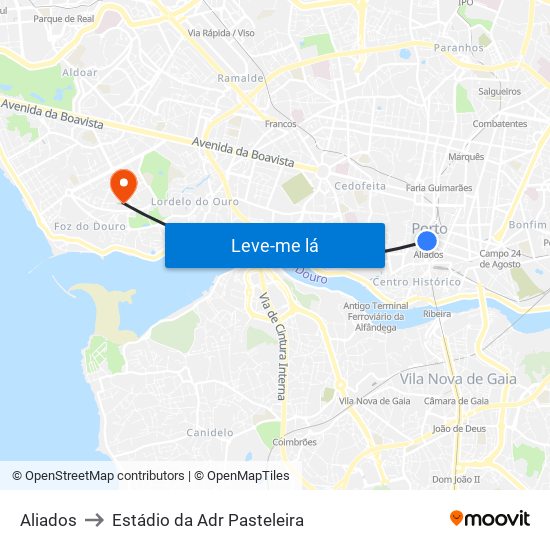 Aliados to Estádio da Adr Pasteleira map