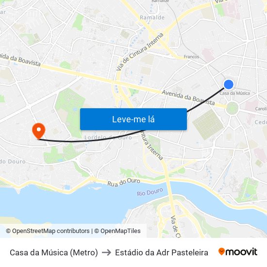 Casa da Música (Metro) to Estádio da Adr Pasteleira map