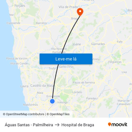 Águas Santas - Palmilheira to Hospital de Braga map