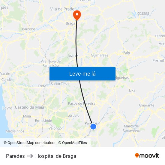 Paredes to Hospital de Braga map