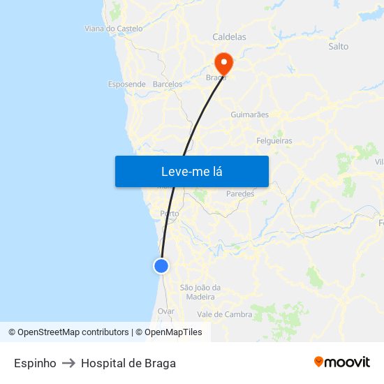 Espinho to Hospital de Braga map