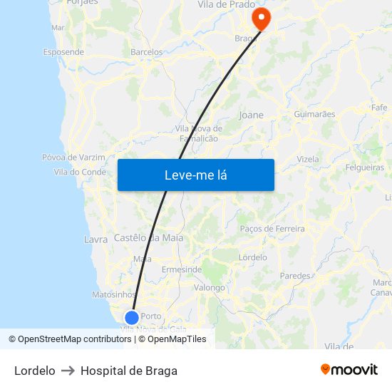 Lordelo to Hospital de Braga map