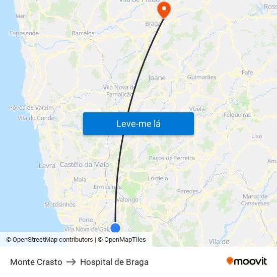 Monte Crasto to Hospital de Braga map