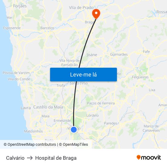 Calvário to Hospital de Braga map
