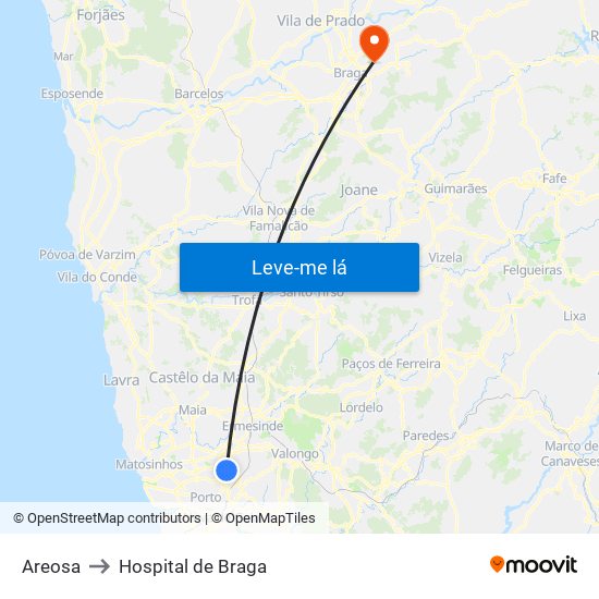 Areosa to Hospital de Braga map