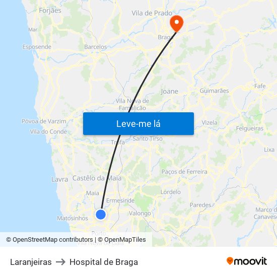 Laranjeiras to Hospital de Braga map