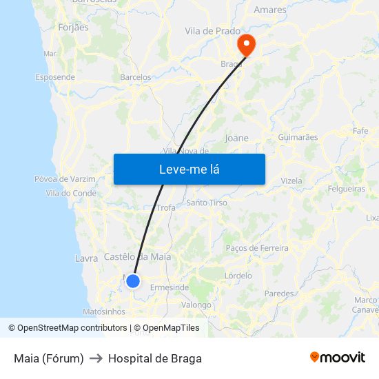Maia (Fórum) to Hospital de Braga map
